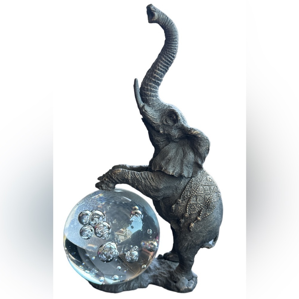 Vintage Bombay Company Cast Iron Elephant & Crystal Sphere Ball Statue